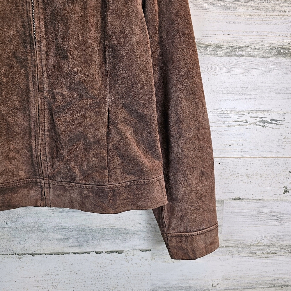 Vintage Brown Suede Leather Jacket M Faux Fur Collar Y2K Quiet Luxury Equestrian - Picture 10 of 12
